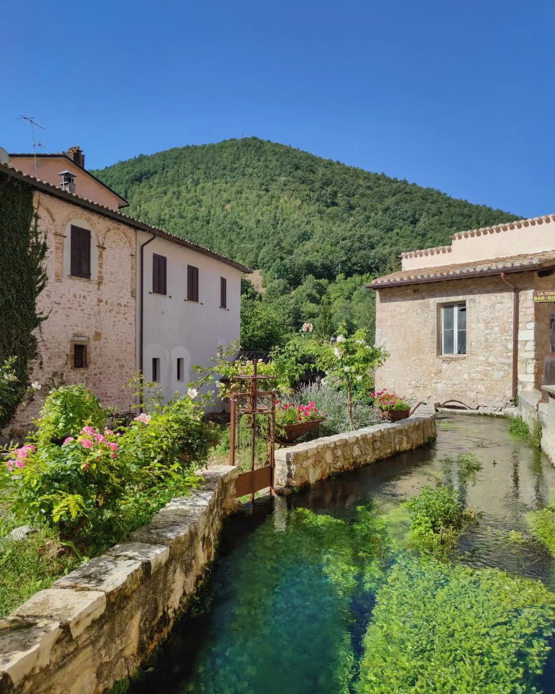 A clear water channel runs between stone houses and flowers, below a wooded hill